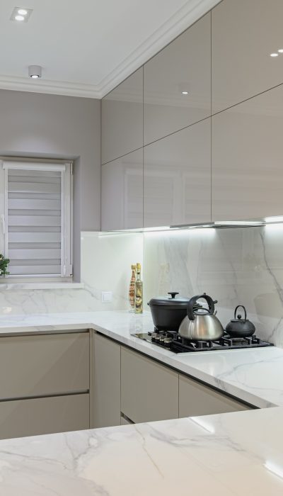 Luxury white modern marble kitchen in studio space