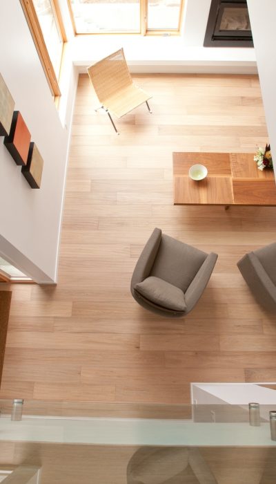Modern interior home, view from above a staircase